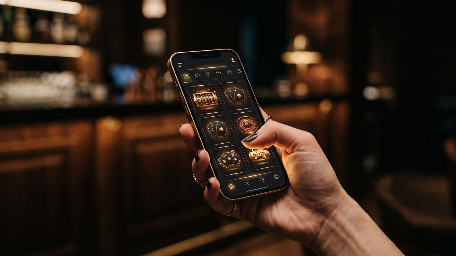 Smartphone displaying casino lobby on dark background